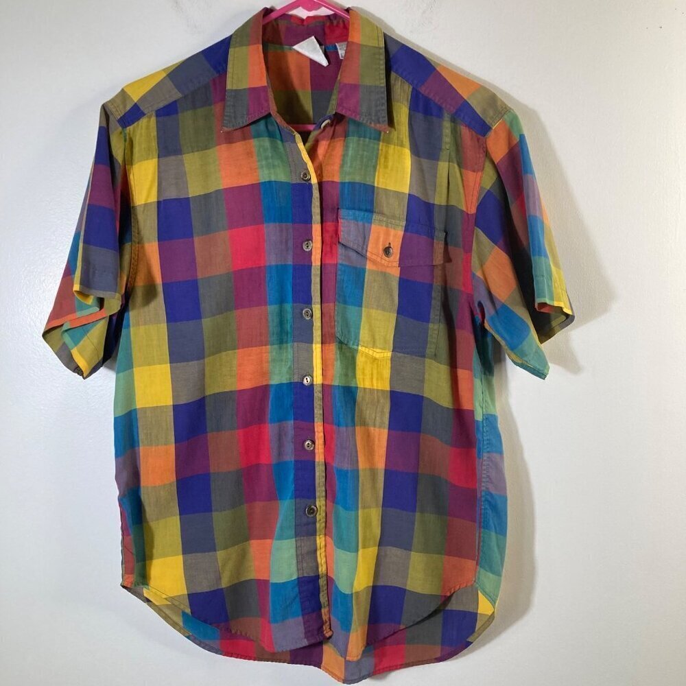 Womens Vintage Lauren Gray Short Sleeve Button Shirt Colorblock Patch Look Red O